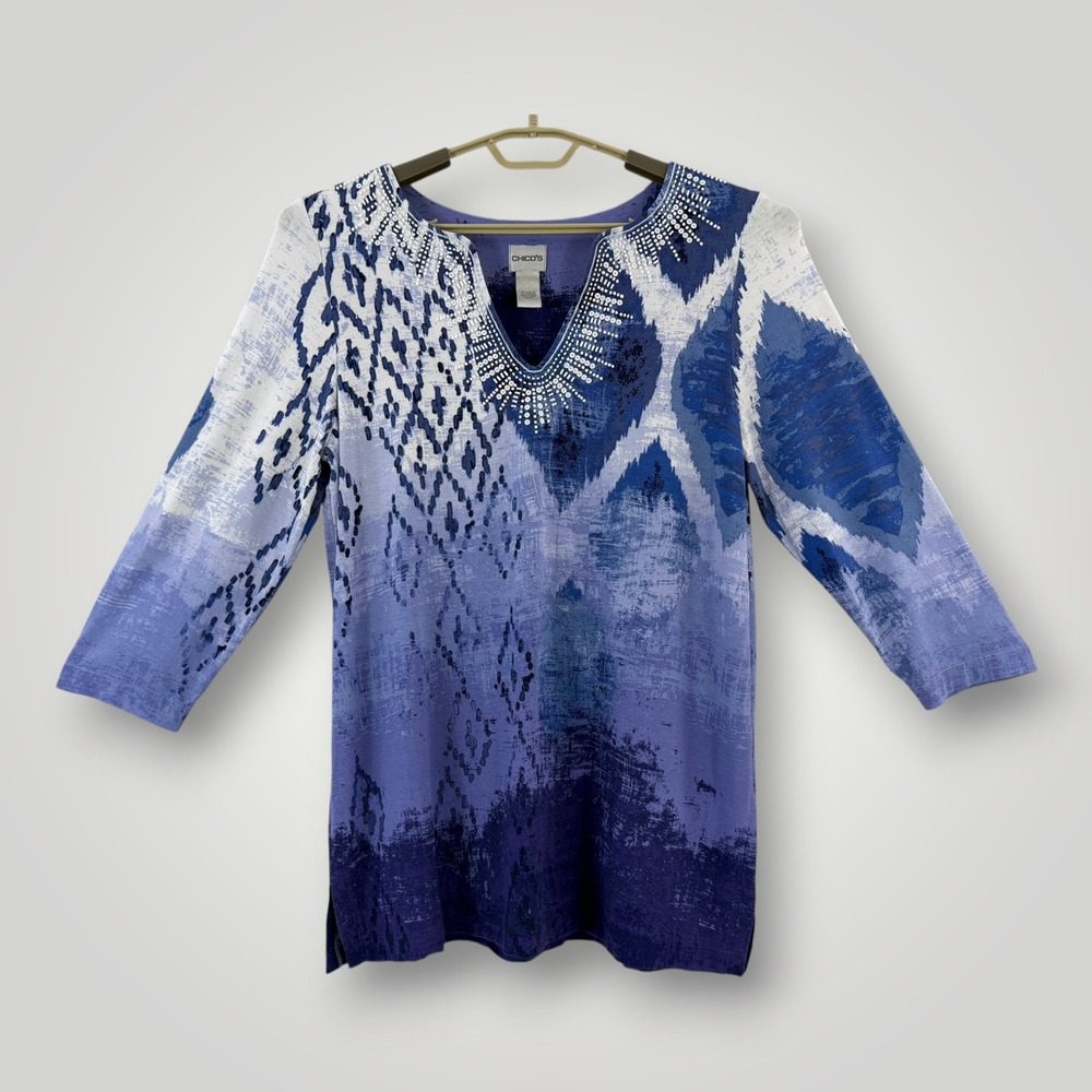 Chicos Blue Abstract Ikat Sequin Embellished V-Neck 3/4 Sleeve Top Size L